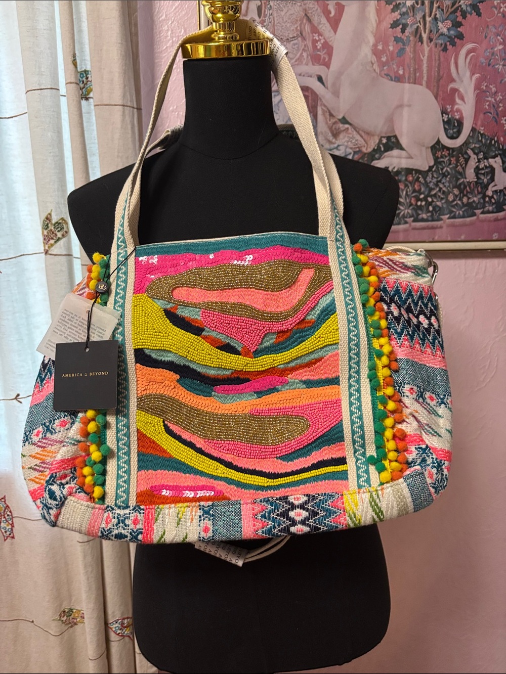 NWT America and Beyond - Multicolor Embroidered Pom-Pom Tote - Picture 2 of 6